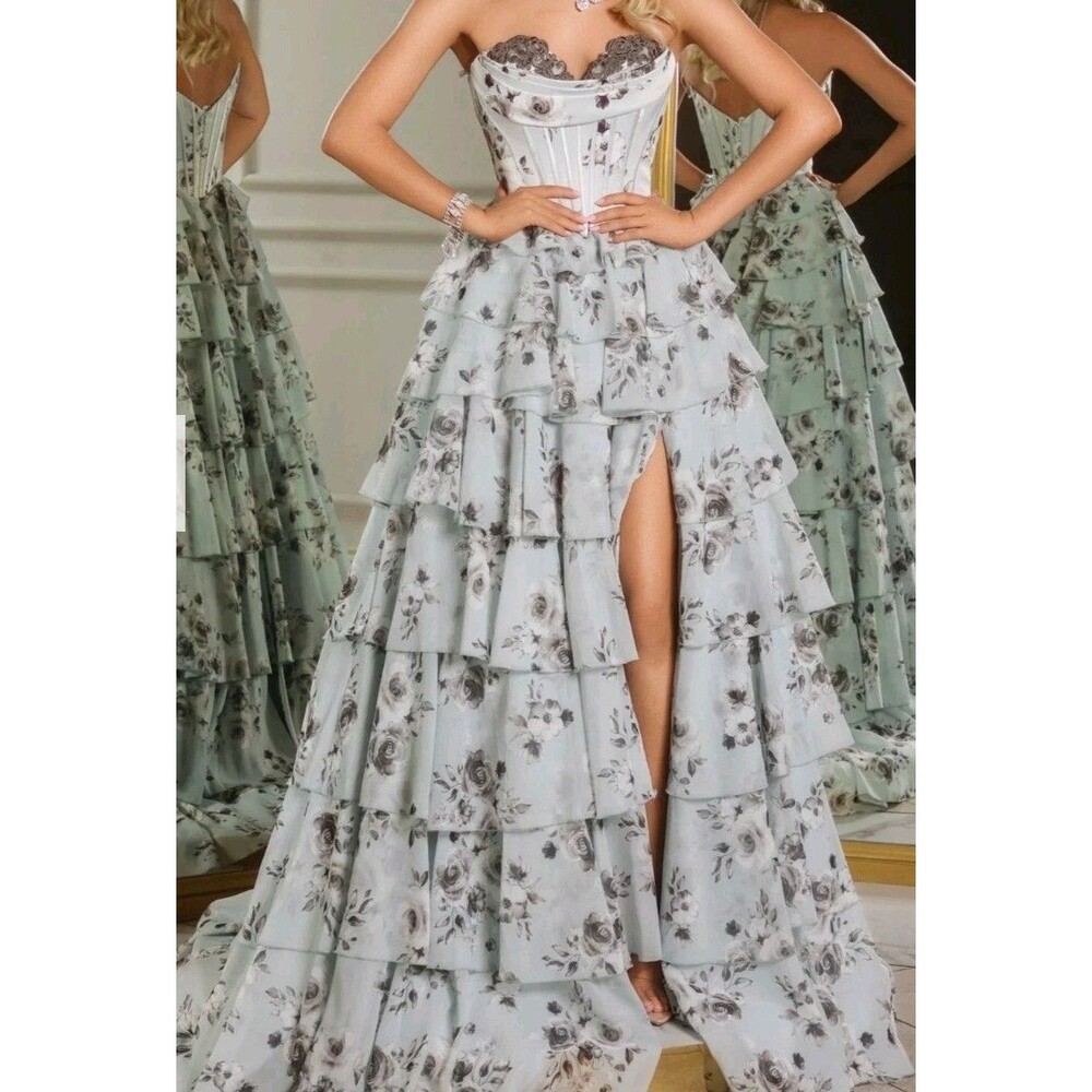 Portia & Scarlett PS25960 Blue Floral Corset Tiered Ruffle Prom Gown NWT Sz 8